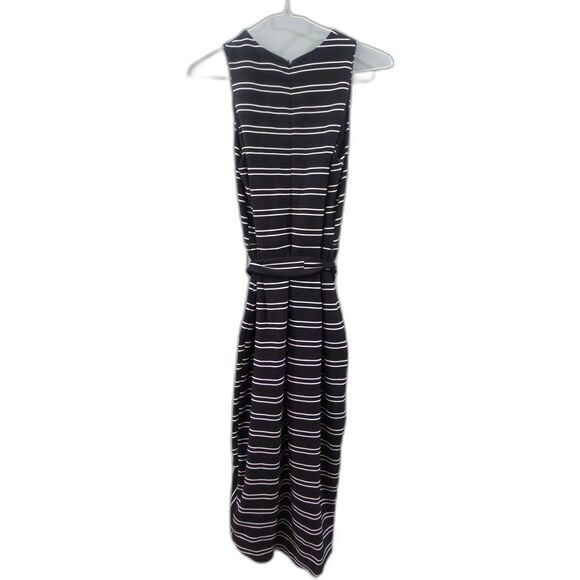 Hutch Striped Crew Neck Belted Midi Dress Cross Bottom - Black/White S - Picture 2 of 6